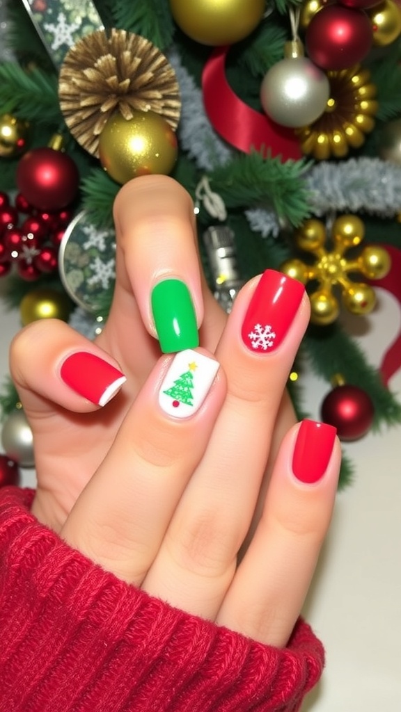 Festive Two-Color Christmas Nail Art Two-color Christmas nails in red and green with festive designs, displayed with holiday decorations.